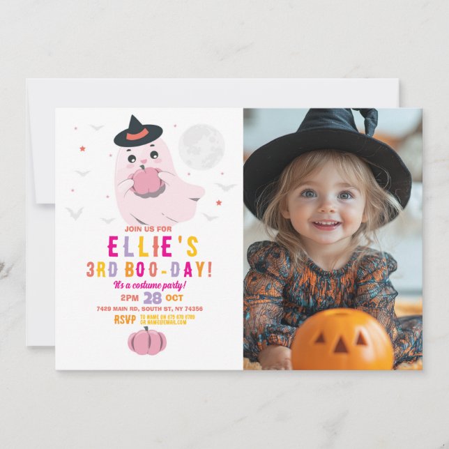 Ghost Birthday Pumpkins Girls Pink Photo Invitation (Front)