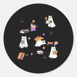Ghost Black Cat Reading Book Halloween Costume Men Classic Round Sticker
