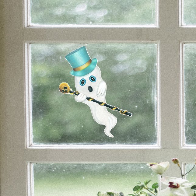 Ghost Blue Eyes Top Hat Ornate Cane Gold Skull Window Cling (Cute blue eyed ghost wearing top hat holding black cane with gold skull on Halloween window cling.)
