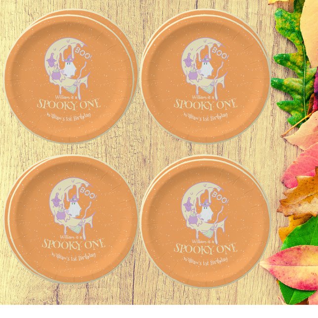 Ghost Boo Moon Spooky One Boy Halloween Birthday Paper Plates (Creator Uploaded)