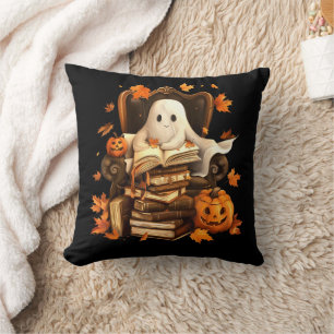 Ghost Book Reading Pumpkin Halloween Teachers Throw Pillow
