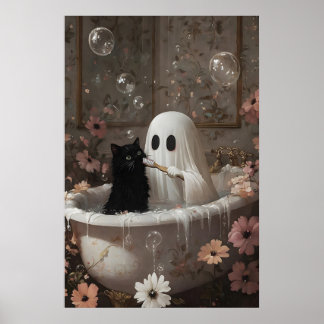 Ghost Brushing Black Cat's Teeth Bathtub Print
