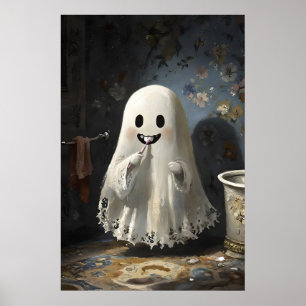 Ghost Brushing Teeth Bathtub Print, Bathroom Dark Poster