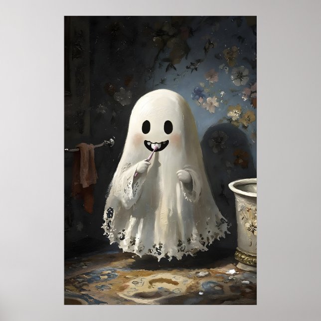 Ghost Brushing Teeth Bathtub Print, Bathroom Dark Poster (Front)