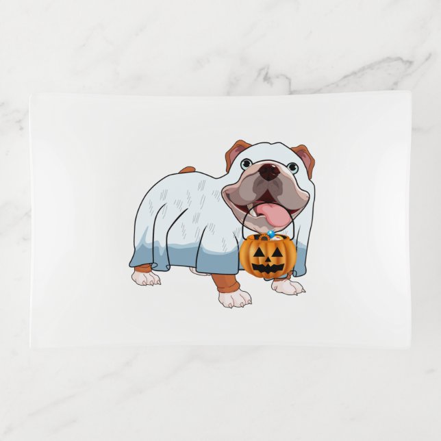 Ghost Bulldog Halloween Dog Trinket Tray (Front)