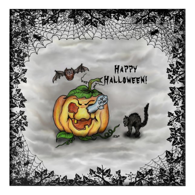Ghost , Cat , Bat and Pumpkin , Happy Halloween! Acrylic Print (Front)