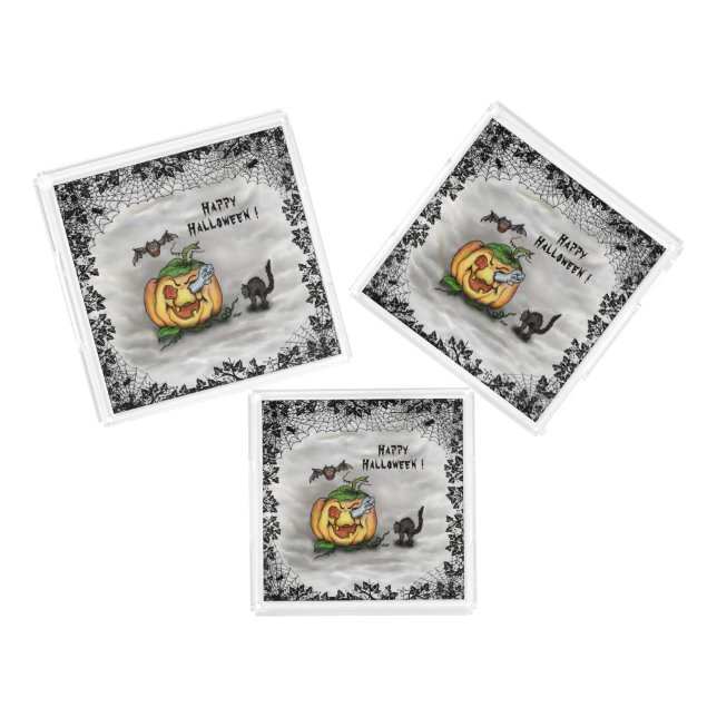 Ghost , Cat , Bat and Pumpkin , Happy Halloween! Acrylic Tray (Set)