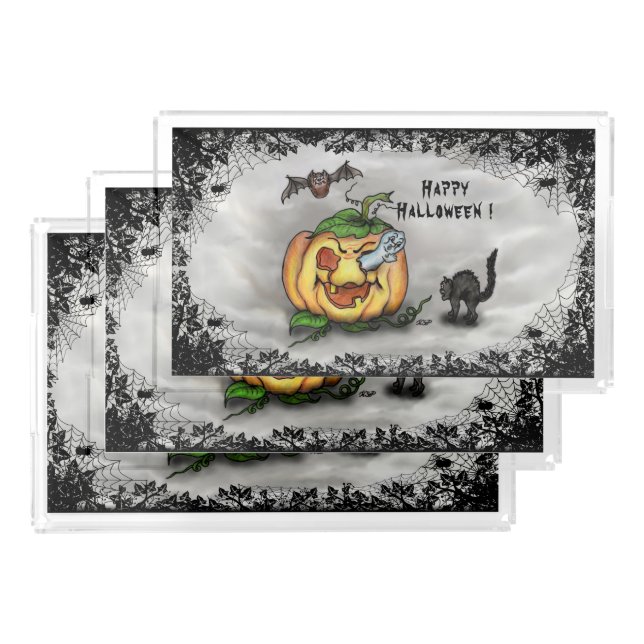 Ghost , Cat , Bat and Pumpkin , Happy Halloween! Acrylic Tray (Set)