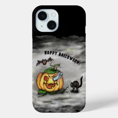 Ghost  Cat  Bat and Pumpkin  Happy Halloween iPhone 15 Case