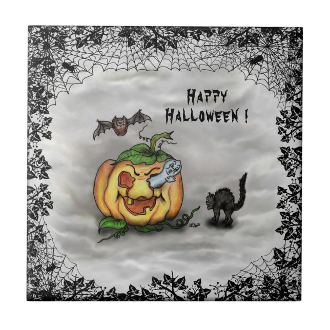 Ghost , Cat , Bat and Pumpkin , Happy Halloween! Ceramic Tile (Front)