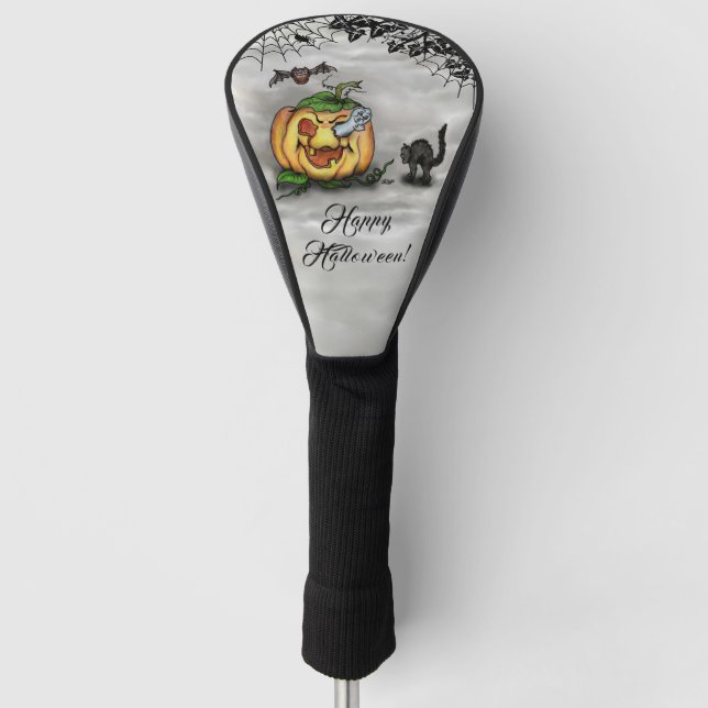 Ghost , Cat , Bat and Pumpkin , Happy Halloween! Golf Head Cover (Front)