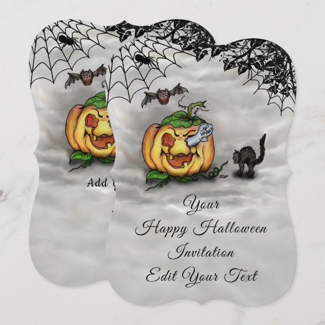 Ghost , Cat , Bat and Pumpkin , Happy Halloween! Invitation (Front/Back)