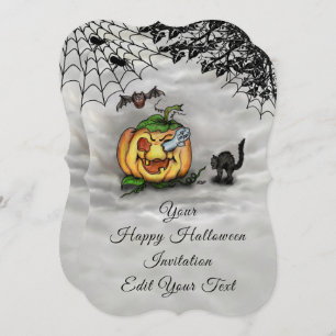 Ghost , Cat , Bat and Pumpkin , Happy Halloween! Invitation