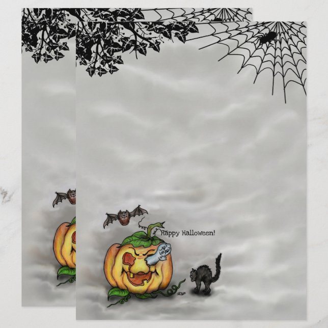 Ghost , Cat , Bat and Pumpkin , Happy Halloween! Letterhead (Front/Back)