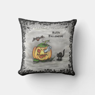 Ghost , Cat , Bat and Pumpkin , Happy Halloween! Outdoor Pillow