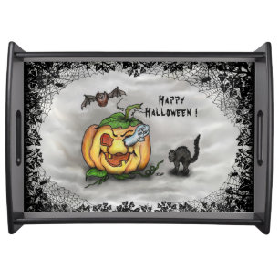 Ghost , Cat , Bat and Pumpkin , Happy Halloween! Serving Tray