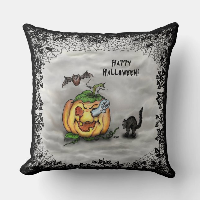 Ghost , Cat , Bat and Pumpkin , Happy Halloween! Throw Pillow (Front)
