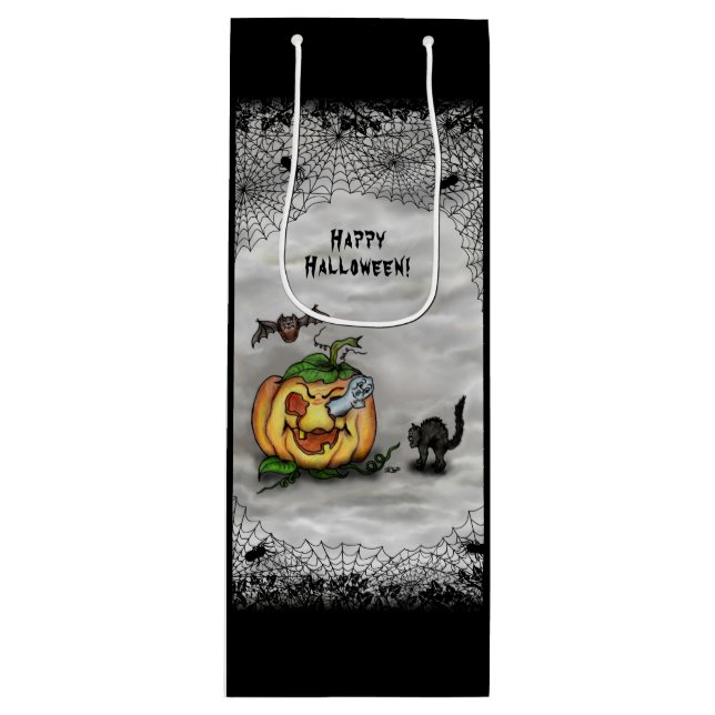 Ghost , Cat , Bat and Pumpkin , Happy Halloween! Wine Gift Bag (Front)