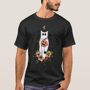 Ghost Cat Floral Retro Halloween T-Shirt
