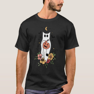 Ghost Cat Floral Retro Halloween T-Shirt