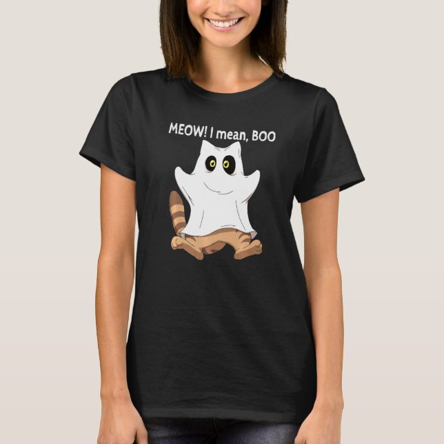 Ghost Cat Meow I Mean Boo Pumpkin Halloween T-Shirt (Front)