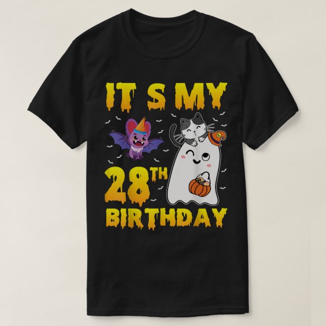 Ghost Cat Pumpkin Candy Corn Its My 28th Birthday  T-Shirt (Design Front)