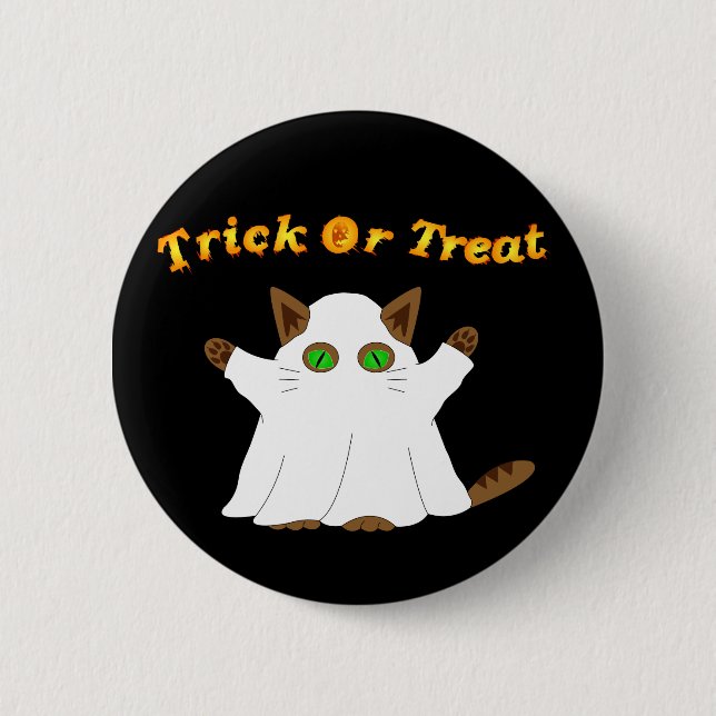 Ghost Cat Trick or Treat Button (Front)