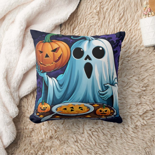 Ghost celebrating Halloween with pumpkins Throw Pillow (Blanket)