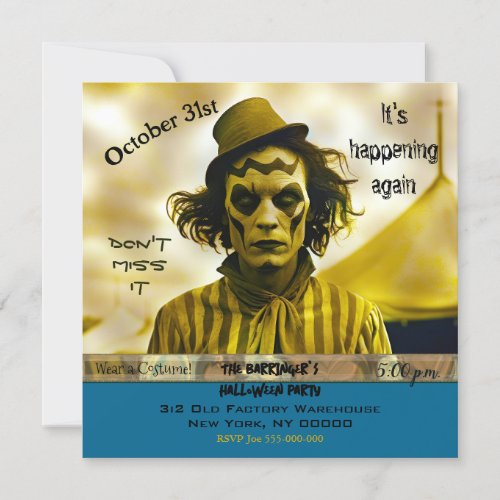 Ghost Clown from Circus Halloween Costume Party Invitation