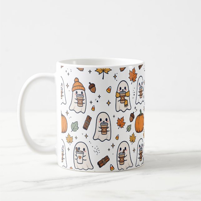 Ghost Coffee Raccoon Pumpkin Fall Pattern Mug (Left)