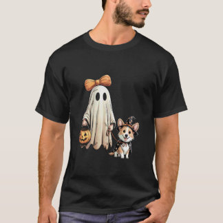 Ghost Corgi Dog Walking Halloween Scary Costume T-Shirt