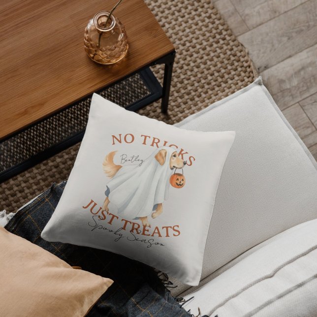 Ghost Costume Dog Golden Retriever Spooky Season Throw Pillow (Elevate your fall home decor with this Ghost Costume Golden Retriever Spooky Season throw pillow!)