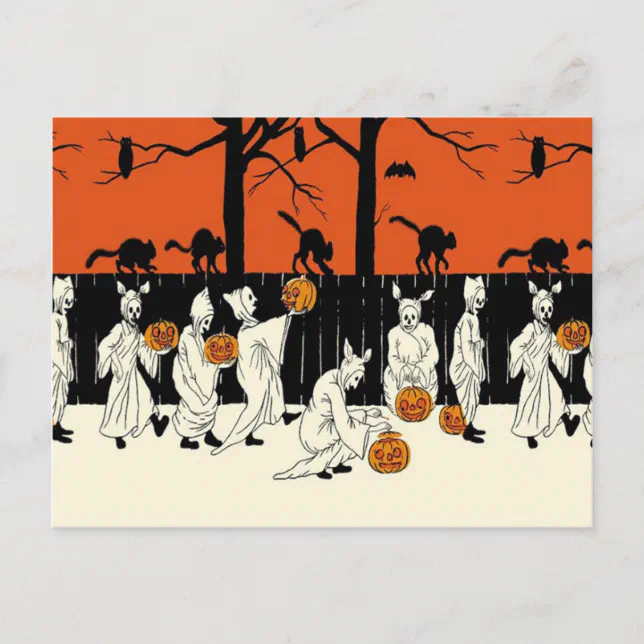 Ghost Costume Jack O Lantern Black Cat Owl Bat Postcard | Zazzle