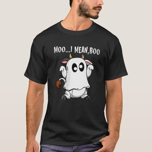 Ghost Cow Moo I Mean Boo Funny Pumpkin Farmer Hall T-Shirt (Front)