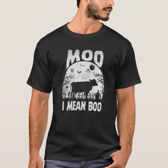 Ghost Cow Moo I Mean Boo Pumpkin Moon Halloween Fo T-Shirt (Front)