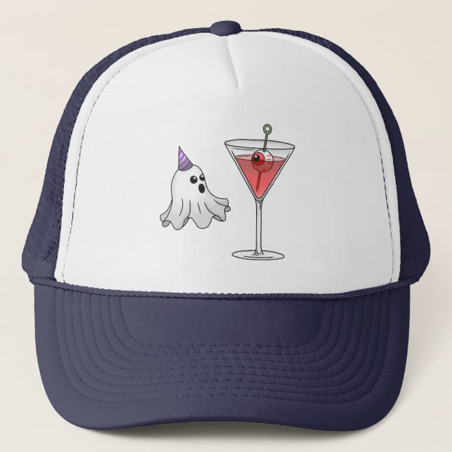 Ghost & Creepy Halloween Cocktail Trucker Hat (Front)