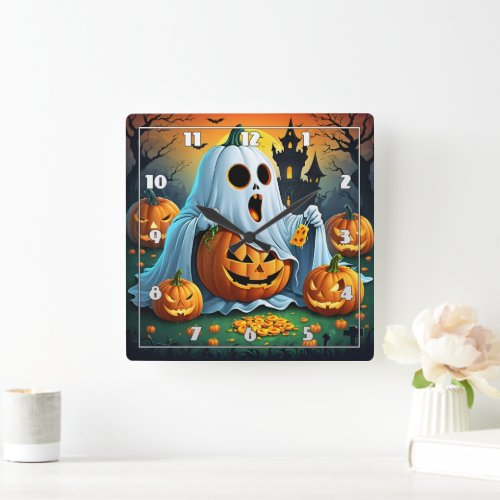 Ghost delights in Halloween treats  Square Wall Clock