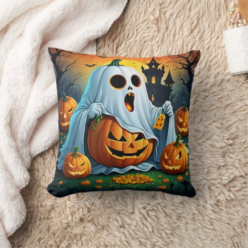 Ghost delights in Halloween treats  Throw Pillow