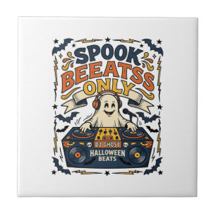 Ghost DJ Spooky Beats Vintage Engraving Halloween Ceramic Tile