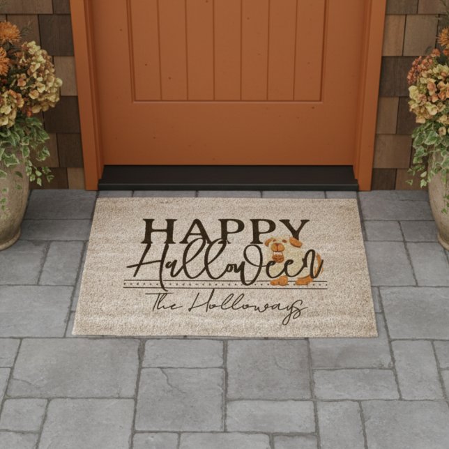 Ghost Dog Happy Halloween Family Name Fiber Doormat (Welcome guests this Halloween season with this Happy Halloween Ghost Dog Family Name Fiber Doormat! )
