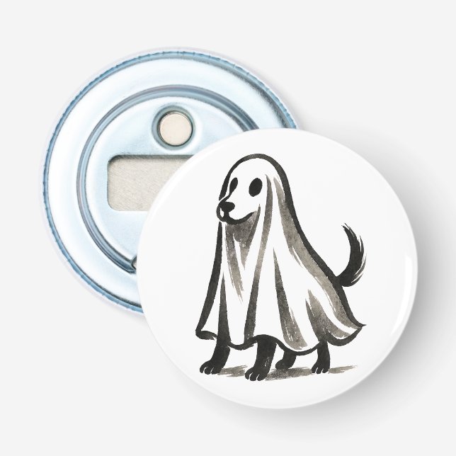 Ghost Dog in Costume – Halloween Ink Style on Bottle Opener (Front)