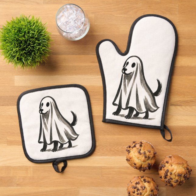 Ghost Dog in Costume – Halloween Ink Style on Oven Mitt & Pot Holder Set (Top Down)