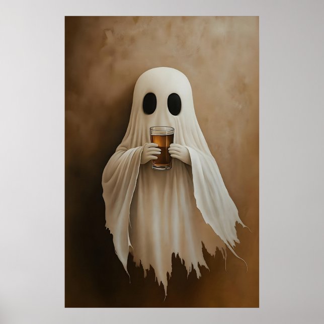 Ghost Drinking Bourbon Cocktail Print, Ghost Bar Poster (Front)