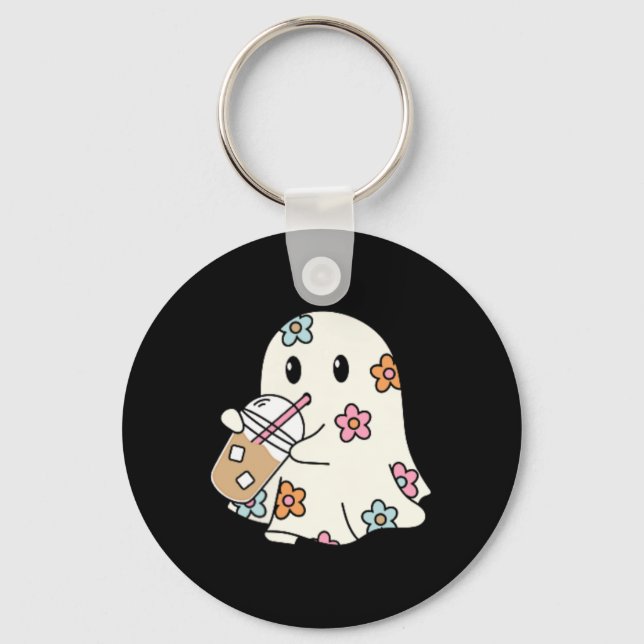 Ghost Drinking Coffee Funny Halloween Costume Coff Keychain (Front)