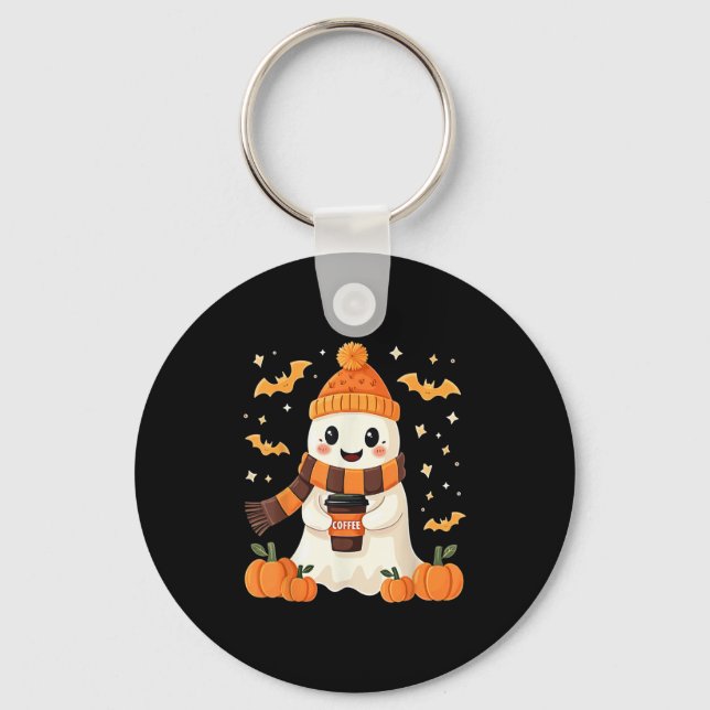 Ghost Drinking Coffee Halloween Cute Ghost Ice Cof Keychain (Front)