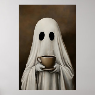 Ghost Drinking Coffee Print, Ghost Tea Whimsical Poster