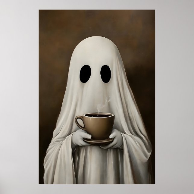 Ghost Drinking Coffee Print, Ghost Tea Whimsical Poster (Front)