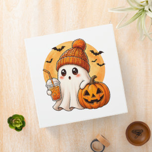 Ghost Drinking Iced Coffee with Pumpkin Halloween 3 Ring Binder
