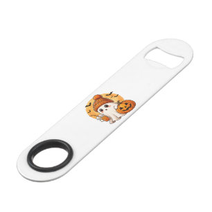 Ghost Drinking Iced Coffee with Pumpkin Halloween Bar Key