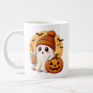 Ghost Drinking Iced Coffee with Pumpkin Halloween Giant Coffee Mug